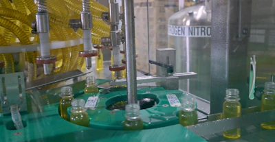 Filled bottles exit the 24-head rotary filler by way of this discharge starwheel.