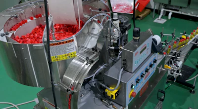 The 8-spindle capper handles both the Slamzees cap that has a 64-mm diameter and the pickle potion caps that have a 28-mm diameter.