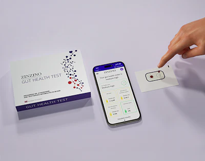 Zinzino's at-home test kit packet includes a QR code that leads to a safe site where users register the test result from the sample card.