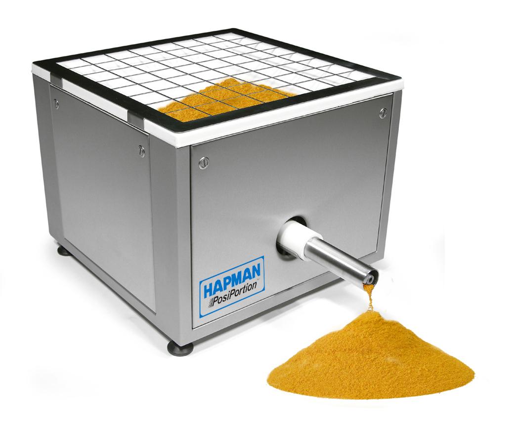 Hapman industrial machine dispensing yellow powder through a precision grid
