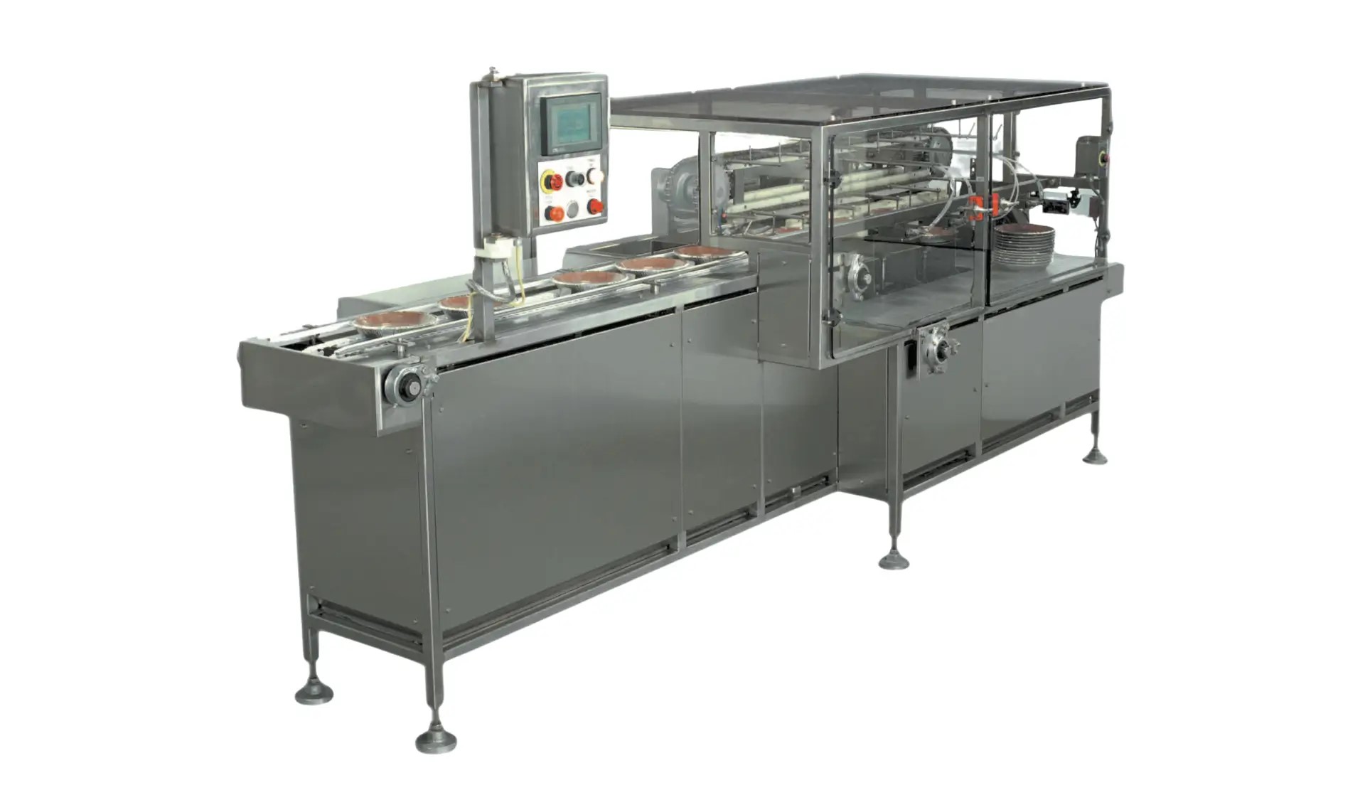 Stainless steel industrial packaging machine with control panel and conveyor system