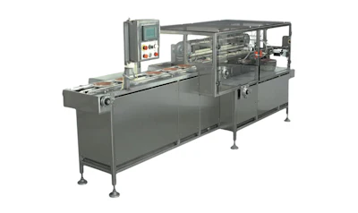 Stainless steel industrial packaging machine with control panel and conveyor system
