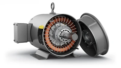 Industrial electric motor with cutaway view revealing copper windings and mechanical components