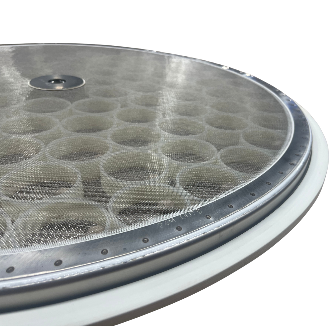 Metallic circular mesh screen with multiple precision-drilled holes