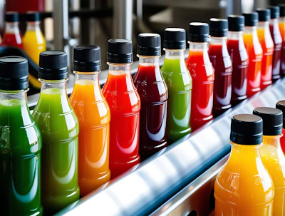 Rows of vibrant fruit juice bottles in green, red, orange, and yellow on a conveyor