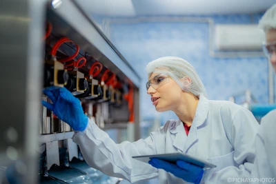 Scientist in white lab coat and blue gloves analyzing equipment in medical laboratory