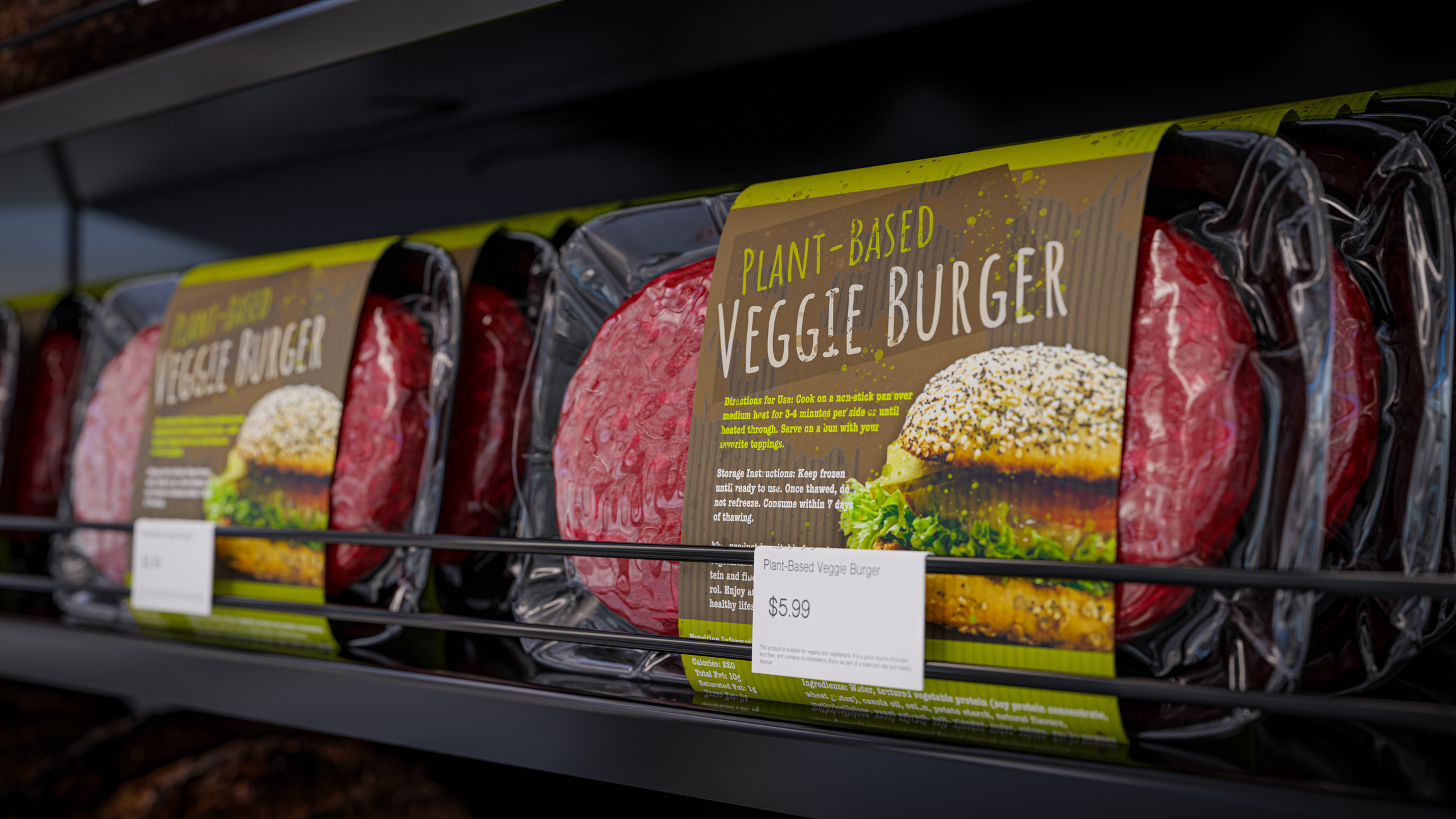 Plant-based veggie burger packages displayed on grocery store shelf with price tag