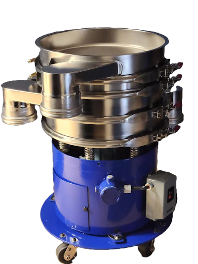 Industrial vibrating sifter with stacked metal sieves on blue base