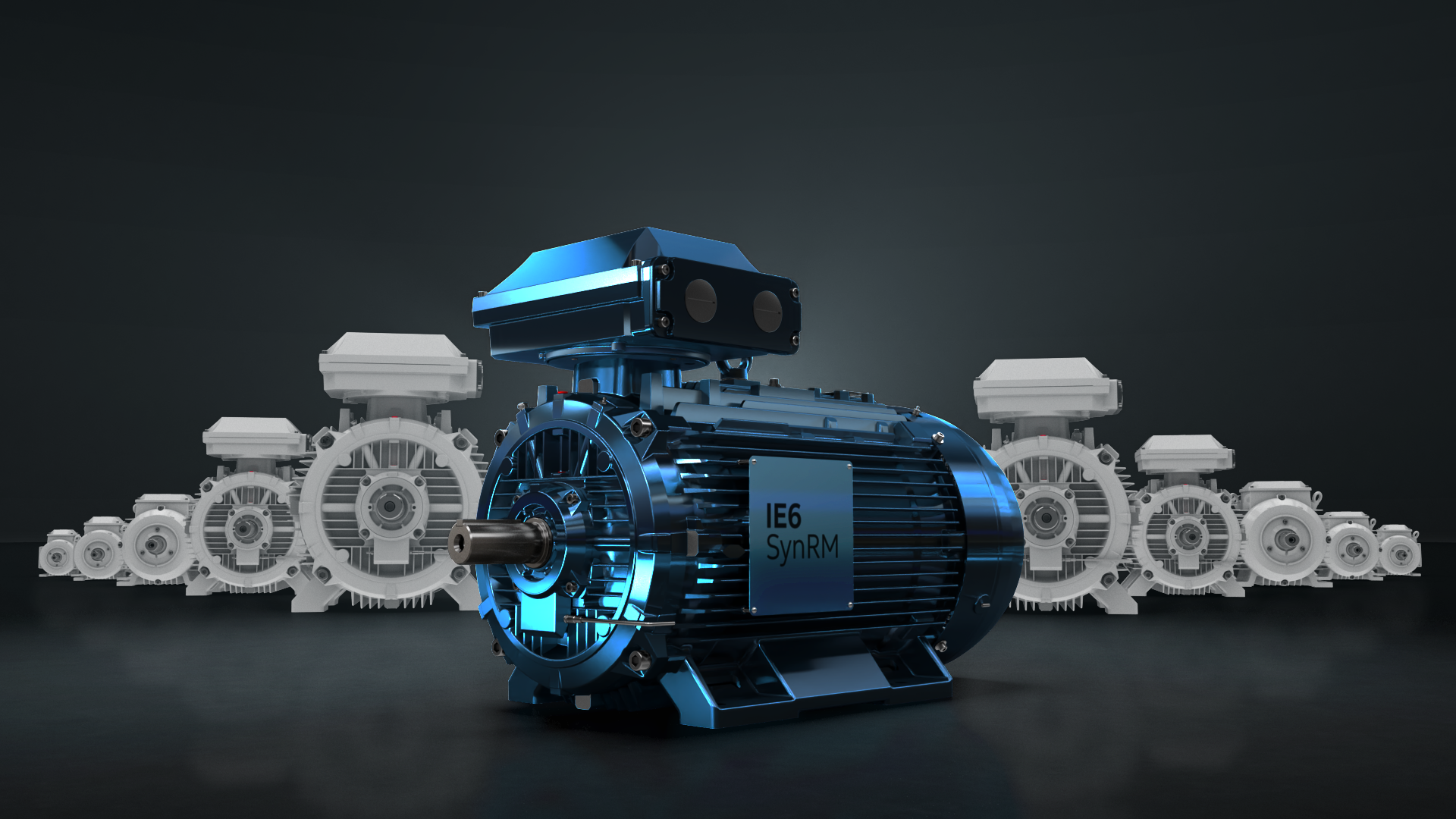 Industrial electric motor with blue and gray metallic finish, multiple units displayed