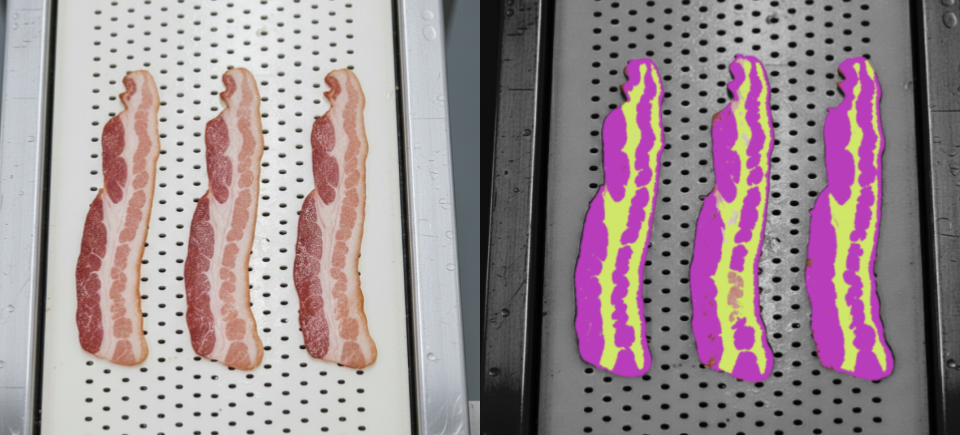 Three raw bacon strips on a metal tray, with color-coded visualization of fat and meat distribution