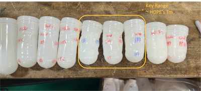 Series of ISBM-molded HDPE/COC bottles produced at increasing preform reheat temperatures. The highlighted region (~131&ndash;137&deg;C), near HDPE&rsquo;s melting point, shows the optimal processing window where bottle formation is stable and wall distribution is uniform. Bottles outside this temperature range exhibit distortion or instability, illustrating the narrow thermal alignment required for successful HDPE/COC ISBM processing.
