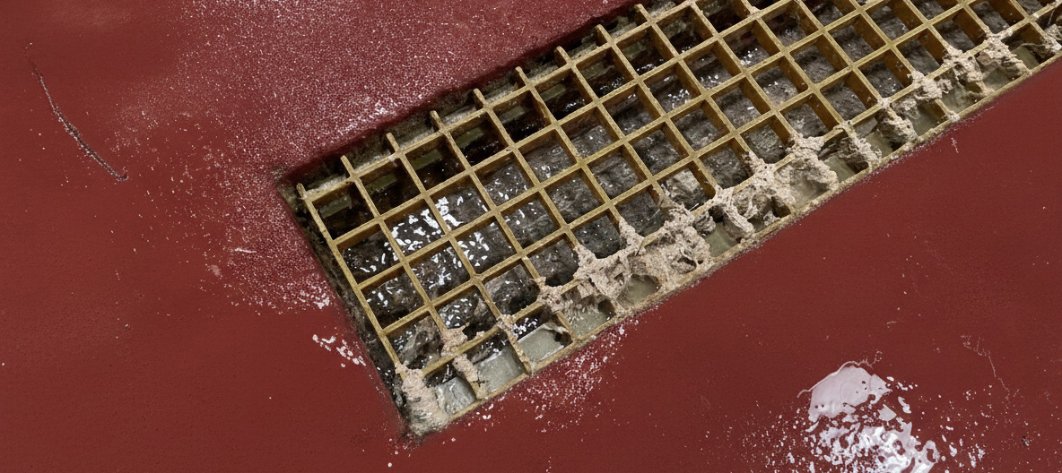 Metal drain grate with textured edges on reddish-brown surface