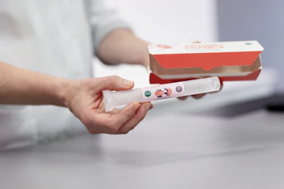 A healthcare professional presenting an NFC‑enabled autoinjector designed for product authentication and improved patient adherence.