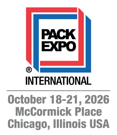 Pack Expo International logo with red and blue geometric design, October 18-21, 2026 at McCormick Place Chicago
