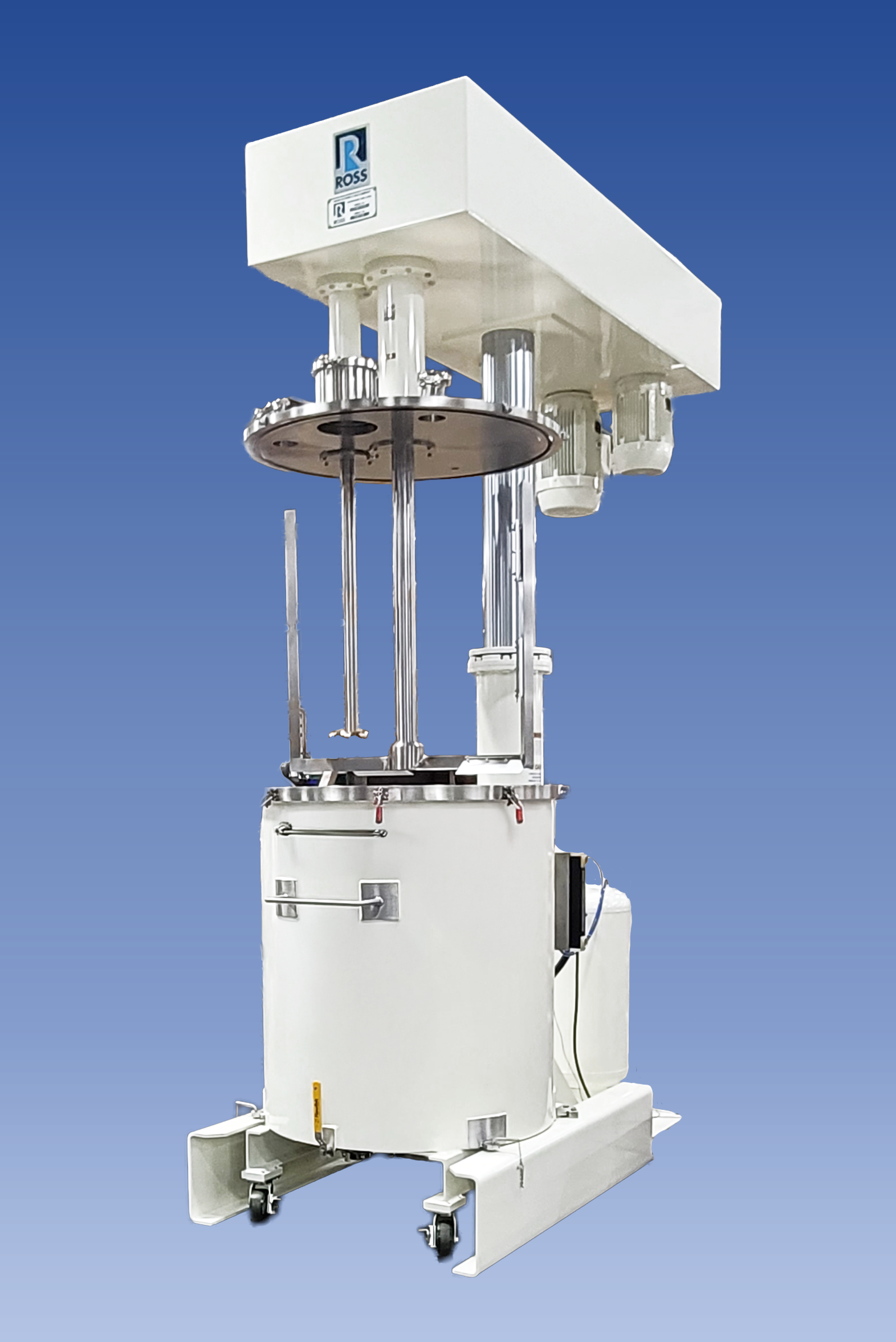 White industrial Ross mixing machine with vertical mixing shafts on blue background