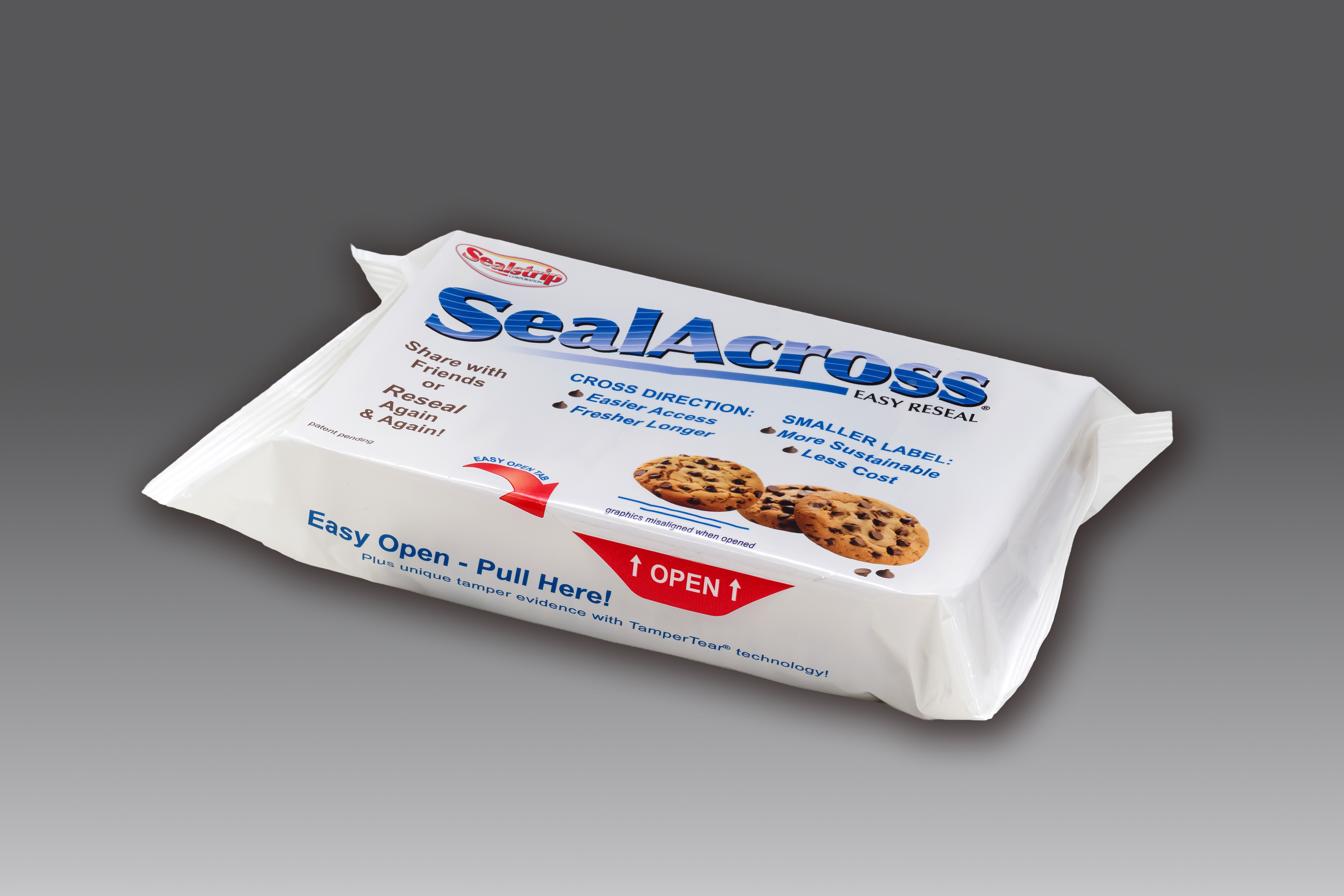 White SealAcross packaging with cookie image and easy open instructions