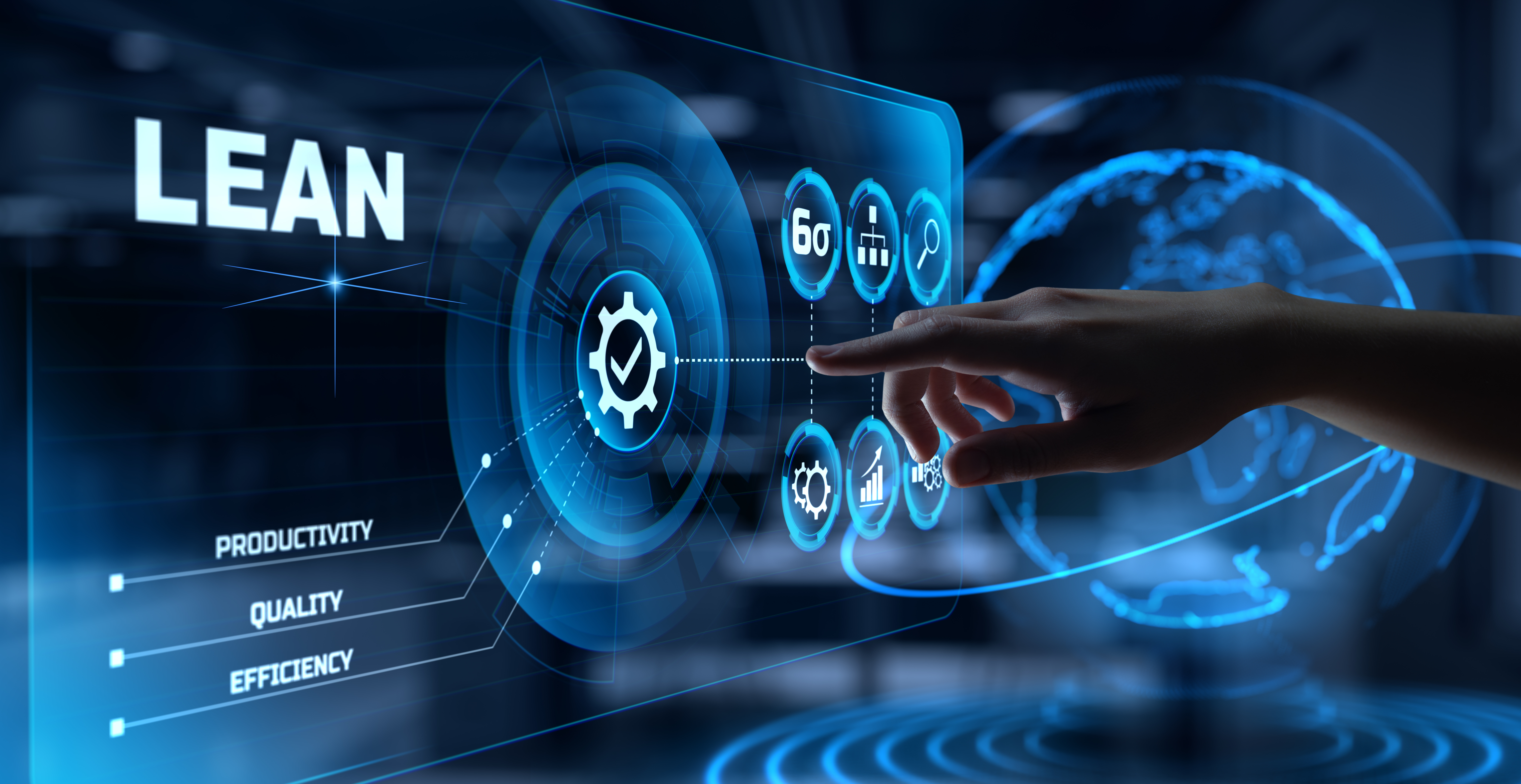 Hand pointing at digital Lean manufacturing interface with productivity, quality, and efficiency metrics displayed on interactive blue holographic display