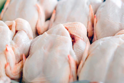 Raw chicken breasts with pink skin arranged closely together