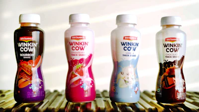 Britannia’s Winkin’ Cow portfolio spans multiple SKUs and flavors, with transparent PET bottles reinforcing product visibility and on-the-go consumption.