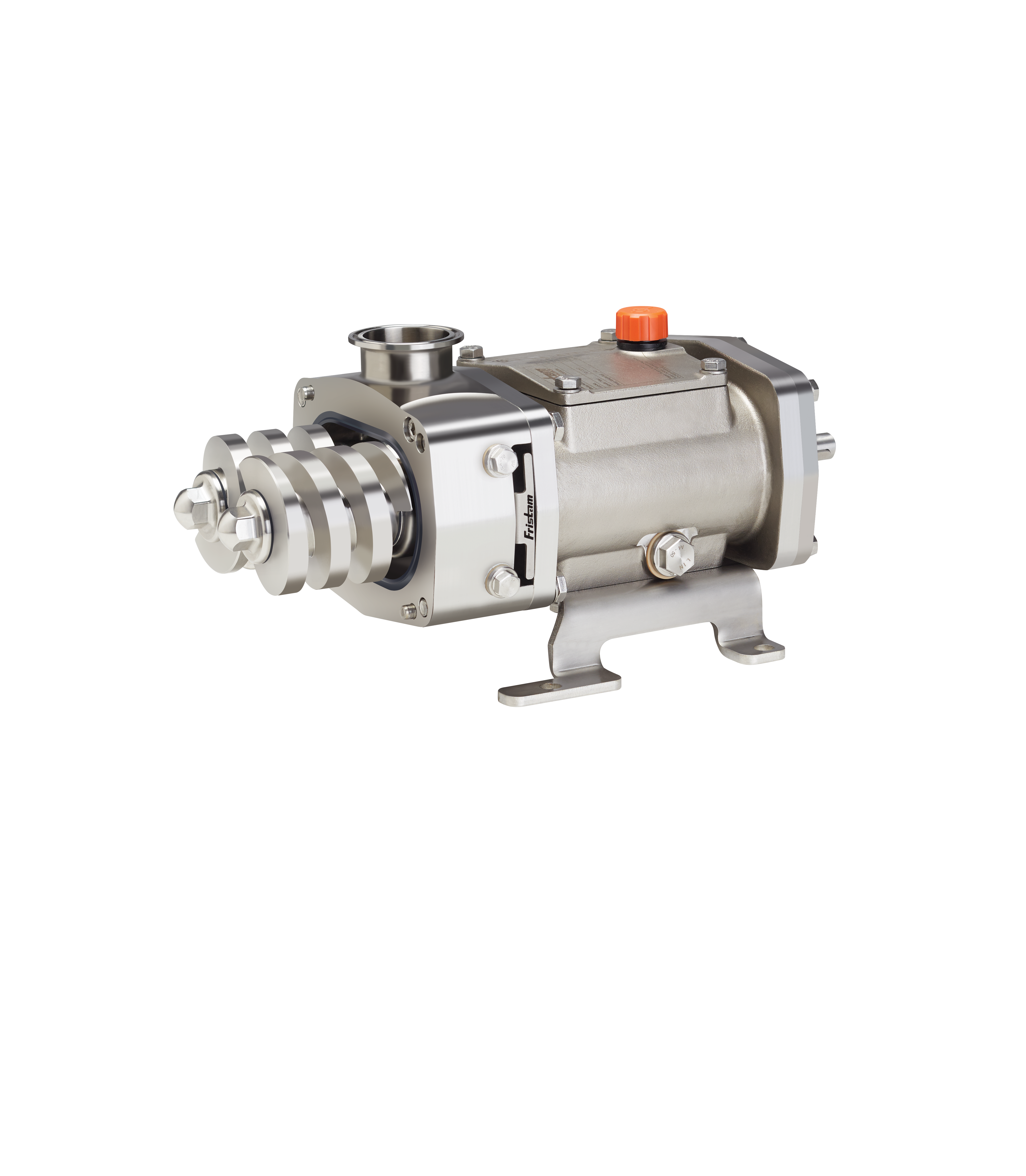 Industrial centrifugal pump with stainless steel housing and orange control button