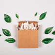 Cardboard box filled with white cotton swabs surrounded by fresh green leaves on white background