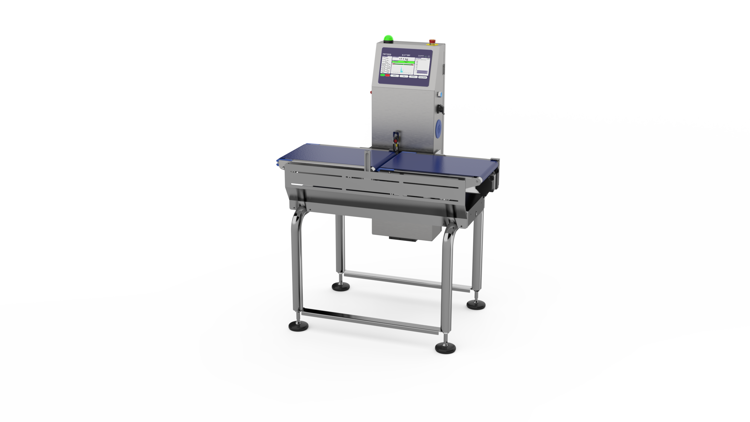 Industrial checkweigher machine with digital display panel mounted on conveyor belt system