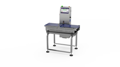 Industrial checkweigher machine with digital display panel mounted on conveyor belt system
