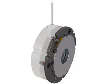 Isometric technical illustration of an electromagnetic brake or clutch assembly with gray housing and internal components