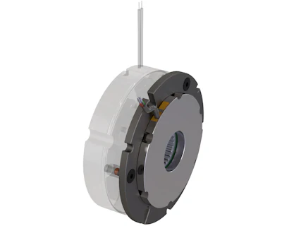 Isometric technical illustration of an electromagnetic brake or clutch assembly with gray housing and internal components