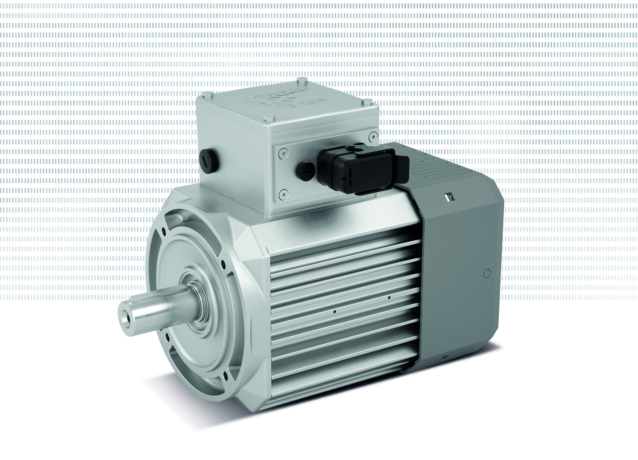Three-phase electric motor with aluminum housing and black terminal box on white background