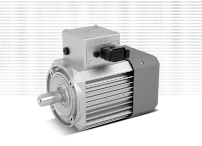 Three-phase electric motor with aluminum housing and black terminal box on white background