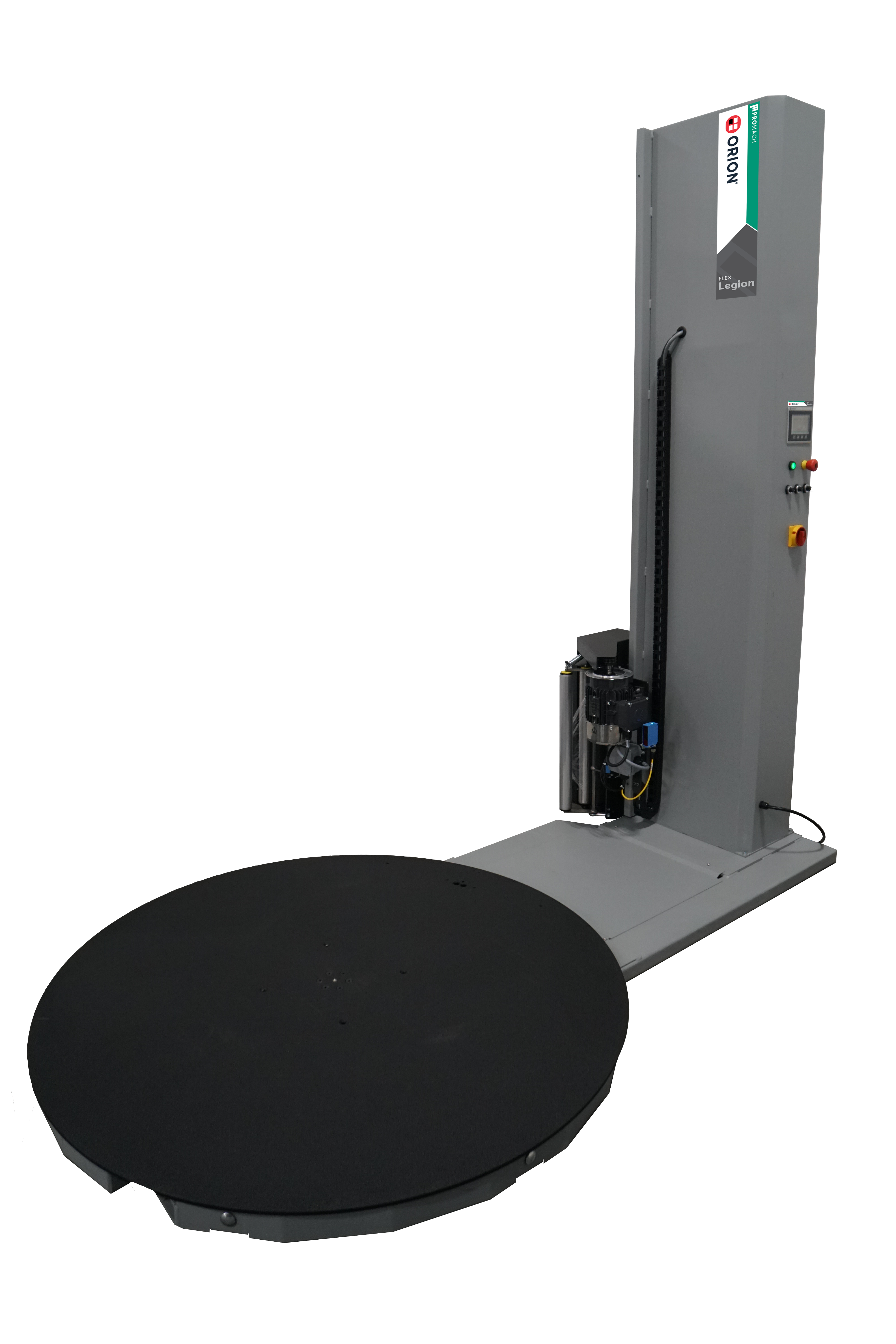Industrial pallet wrapping machine with gray vertical tower, black rotating turntable, and control panel