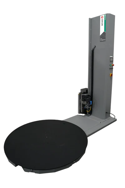 Industrial pallet wrapping machine with gray vertical tower, black rotating turntable, and control panel