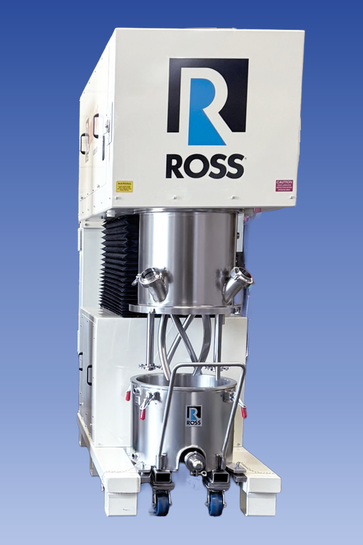 ROSS industrial mixing machine with stainless steel tank and white control housing against blue background