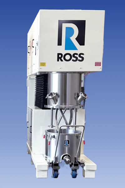 ROSS industrial mixing machine with stainless steel tank and white control housing against blue background