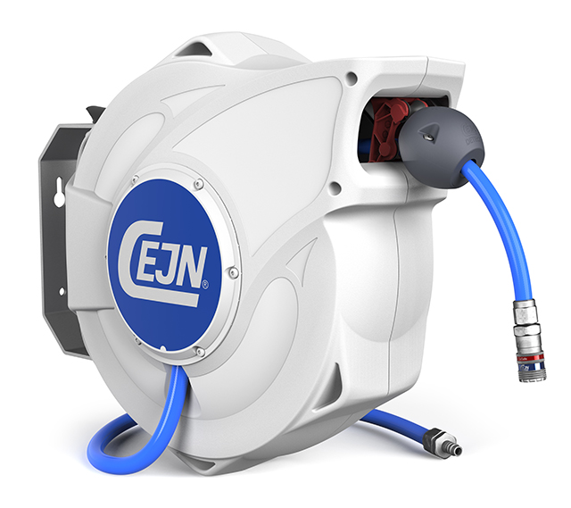 LEJN retractable hose reel with blue hose and metal fittings