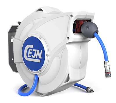 LEJN retractable hose reel with blue hose and metal fittings