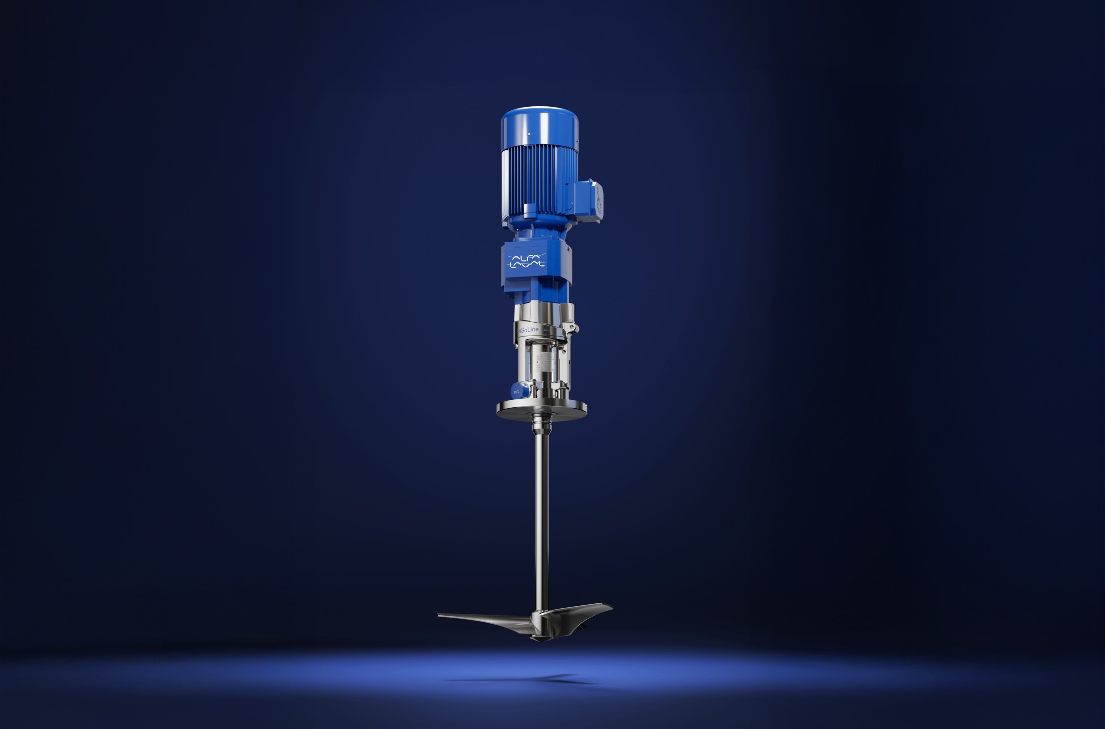 Industrial vertical pump with blue motor housing and metallic shaft assembly on dark background