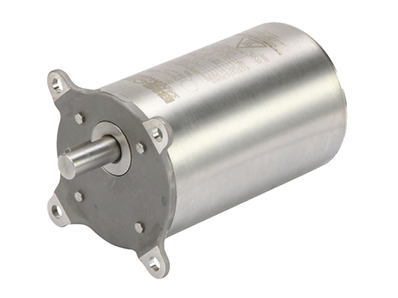 Industrial electric motor with metallic silver cylindrical body, dark gray mounting flange, and central rotating shaft