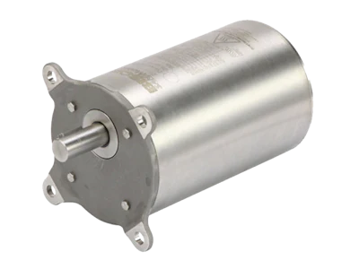 Industrial electric motor with metallic silver cylindrical body, dark gray mounting flange, and central rotating shaft