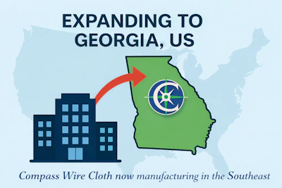 Compass Wire Cloth expanding to Georgia with company logo on state map and office buildings illustration