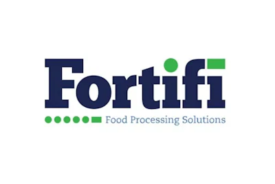 Fortifi Food Processing Solutions logo with navy blue text and green geometric elements