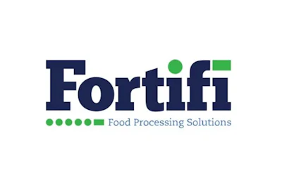 Fortifi Food Processing Solutions logo with navy blue text and green geometric elements