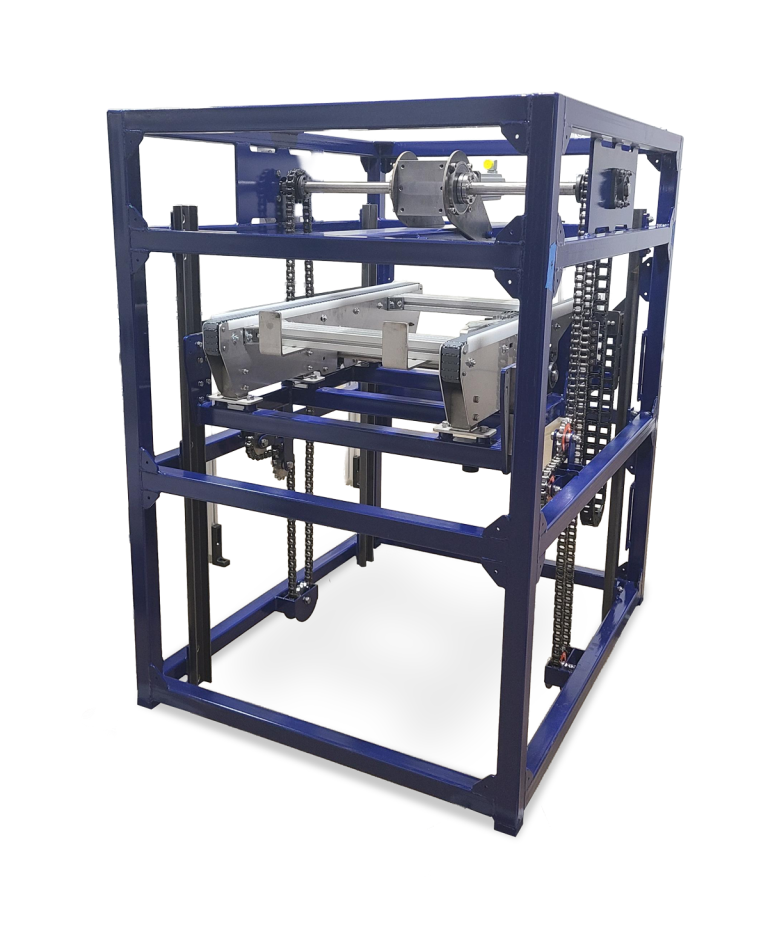 Navy blue industrial 3D printer with metal frame, extruder assembly, and control panel