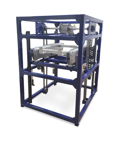 Navy blue industrial 3D printer with metal frame, extruder assembly, and control panel