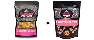 Prospector Popcorn’s redesign replaces a transparent window with macro product photography, while moving the flavor name to the center of the pouch for improved shelf visibility and consistency across distribution.