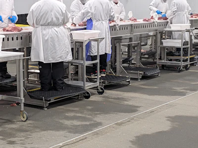 Workers in white coats and blue gloves process meat at industrial workstations in a commercial kitchen facility.