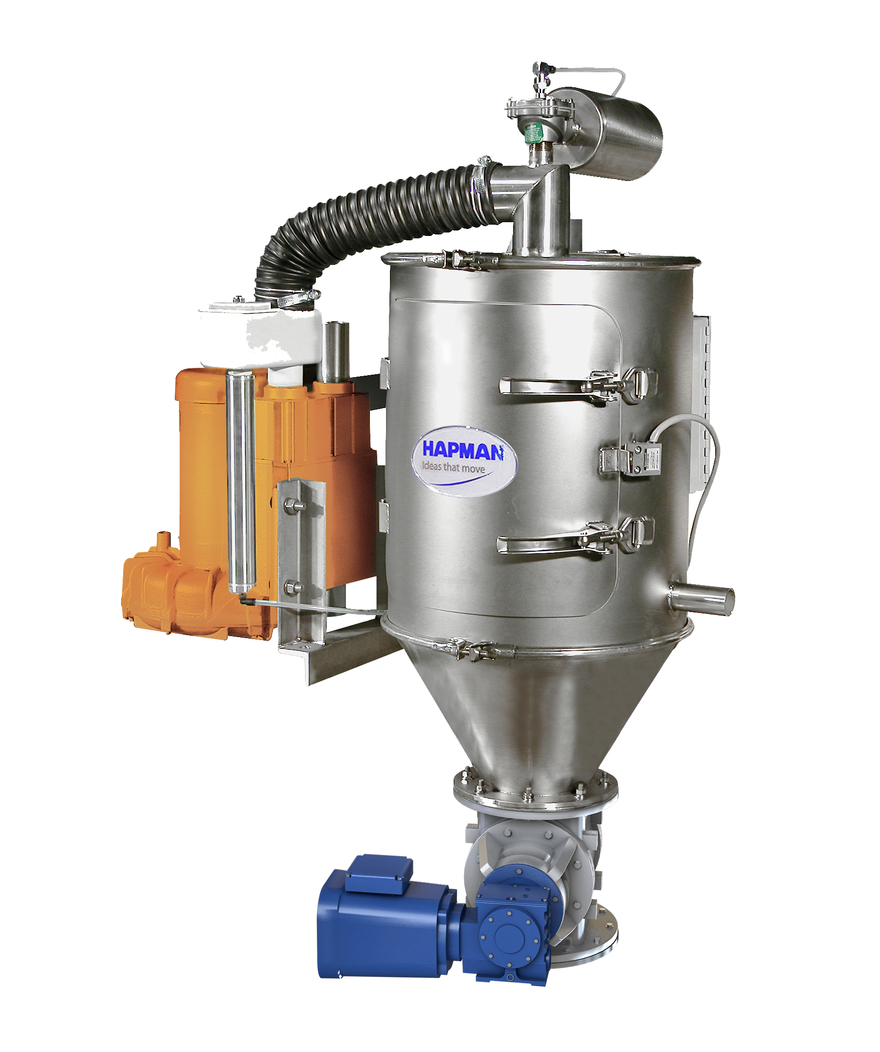 HAPMAN industrial pneumatic dryer system with stainless steel chamber, orange motor housing, and blue pump base