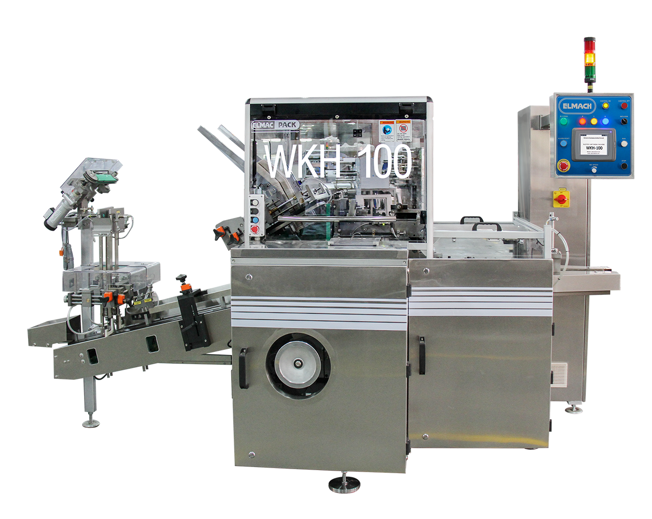 ELMACH's WKH 100 pharmaceutical packaging machine with integrated filling and cartoning system.