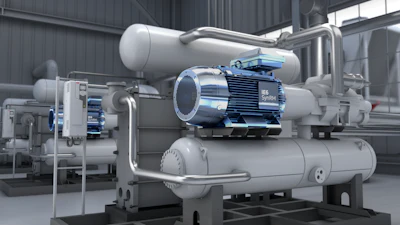 Industrial air compression system with blue electric motor, storage tanks, and piping in manufacturing facility
